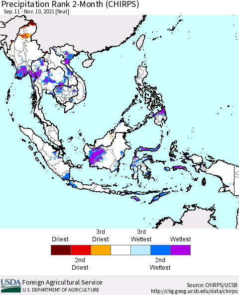 South East Asia Precipitation Rank since 1981, 2-Month (CHIRPS) Thematic Map For 9/11/2021 - 11/10/2021