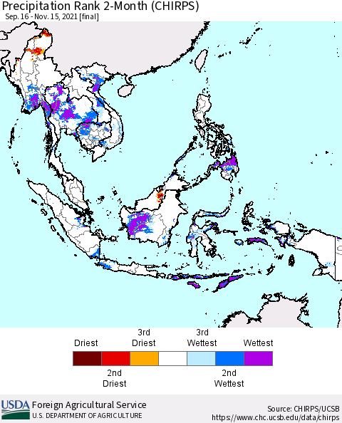 South East Asia Precipitation Rank since 1981, 2-Month (CHIRPS) Thematic Map For 9/16/2021 - 11/15/2021