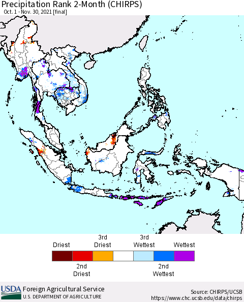South East Asia Precipitation Rank since 1981, 2-Month (CHIRPS) Thematic Map For 10/1/2021 - 11/30/2021