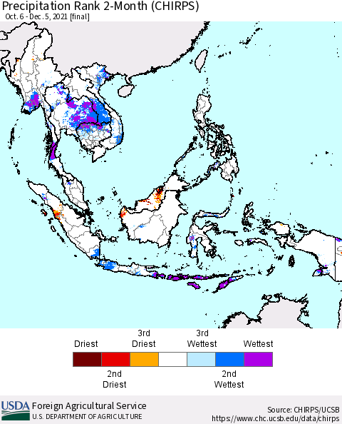South East Asia Precipitation Rank since 1981, 2-Month (CHIRPS) Thematic Map For 10/6/2021 - 12/5/2021