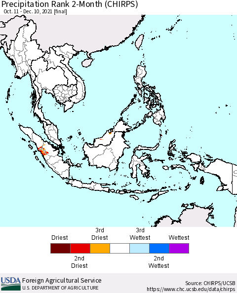 South East Asia Precipitation Rank since 1981, 2-Month (CHIRPS) Thematic Map For 10/11/2021 - 12/10/2021