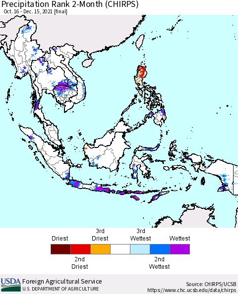 South East Asia Precipitation Rank since 1981, 2-Month (CHIRPS) Thematic Map For 10/16/2021 - 12/15/2021
