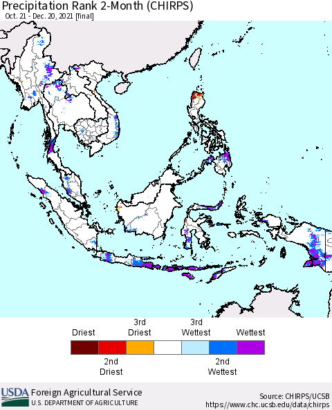 South East Asia Precipitation Rank since 1981, 2-Month (CHIRPS) Thematic Map For 10/21/2021 - 12/20/2021