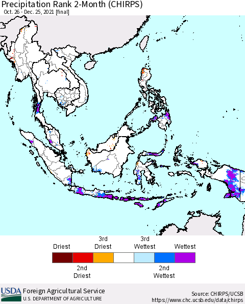 South East Asia Precipitation Rank since 1981, 2-Month (CHIRPS) Thematic Map For 10/26/2021 - 12/25/2021
