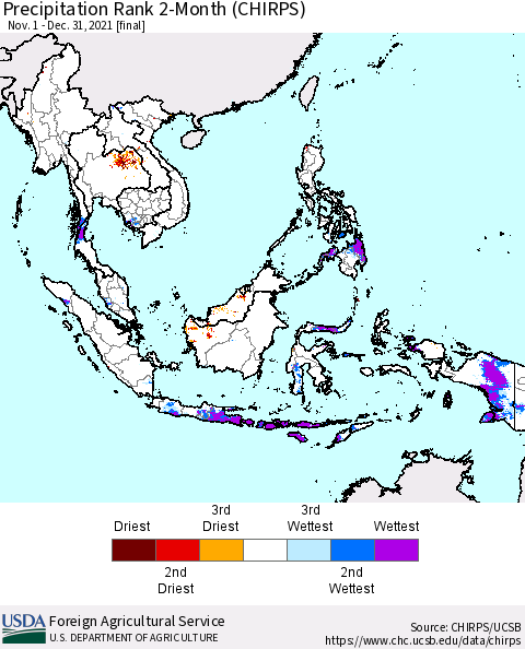 South East Asia Precipitation Rank since 1981, 2-Month (CHIRPS) Thematic Map For 11/1/2021 - 12/31/2021