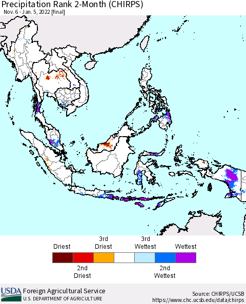 South East Asia Precipitation Rank since 1981, 2-Month (CHIRPS) Thematic Map For 11/6/2021 - 1/5/2022