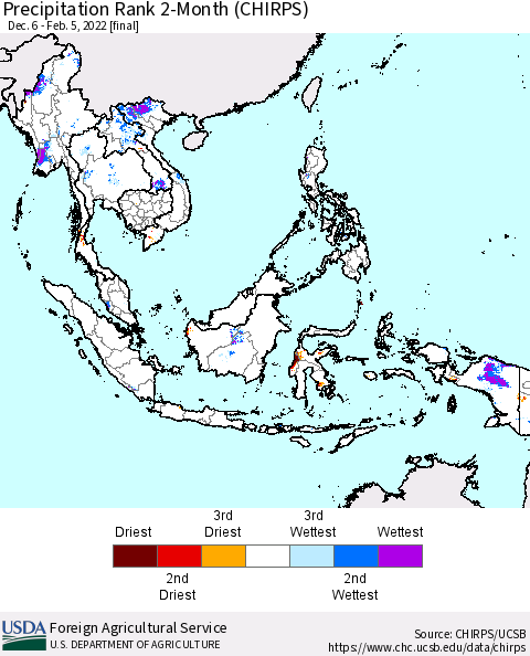 South East Asia Precipitation Rank since 1981, 2-Month (CHIRPS) Thematic Map For 12/6/2021 - 2/5/2022