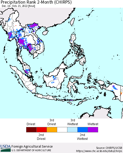 South East Asia Precipitation Rank since 1981, 2-Month (CHIRPS) Thematic Map For 12/16/2021 - 2/15/2022