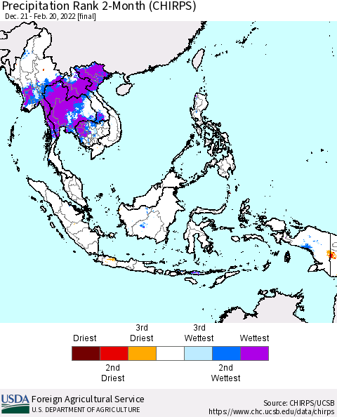 South East Asia Precipitation Rank since 1981, 2-Month (CHIRPS) Thematic Map For 12/21/2021 - 2/20/2022