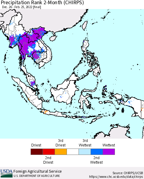 South East Asia Precipitation Rank since 1981, 2-Month (CHIRPS) Thematic Map For 12/26/2021 - 2/25/2022