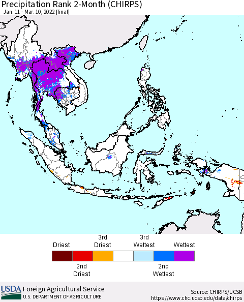 South East Asia Precipitation Rank since 1981, 2-Month (CHIRPS) Thematic Map For 1/11/2022 - 3/10/2022