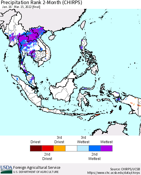 South East Asia Precipitation Rank since 1981, 2-Month (CHIRPS) Thematic Map For 1/16/2022 - 3/15/2022