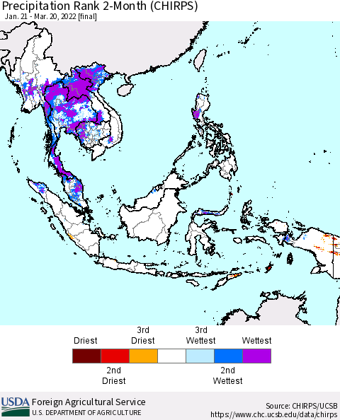 South East Asia Precipitation Rank since 1981, 2-Month (CHIRPS) Thematic Map For 1/21/2022 - 3/20/2022