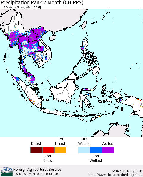 South East Asia Precipitation Rank since 1981, 2-Month (CHIRPS) Thematic Map For 1/26/2022 - 3/25/2022