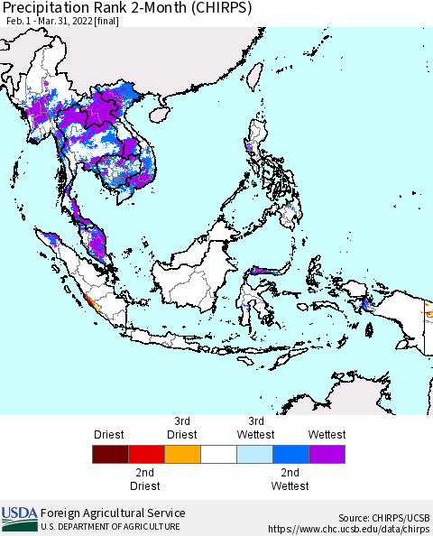 South East Asia Precipitation Rank since 1981, 2-Month (CHIRPS) Thematic Map For 2/1/2022 - 3/31/2022