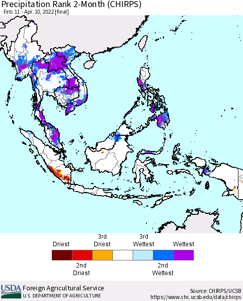 South East Asia Precipitation Rank since 1981, 2-Month (CHIRPS) Thematic Map For 2/11/2022 - 4/10/2022