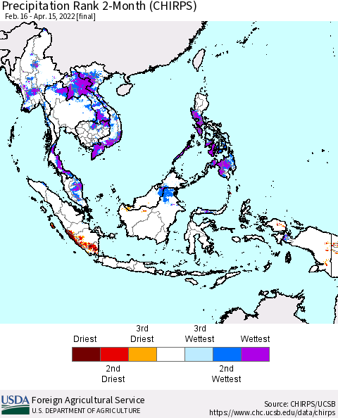 South East Asia Precipitation Rank since 1981, 2-Month (CHIRPS) Thematic Map For 2/16/2022 - 4/15/2022