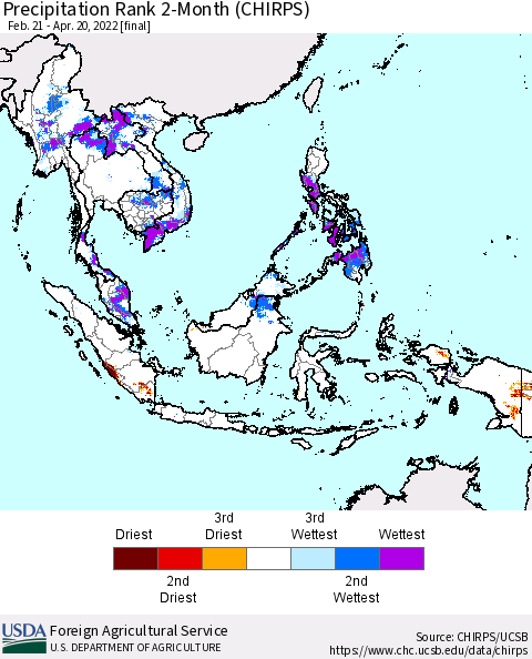 South East Asia Precipitation Rank since 1981, 2-Month (CHIRPS) Thematic Map For 2/21/2022 - 4/20/2022
