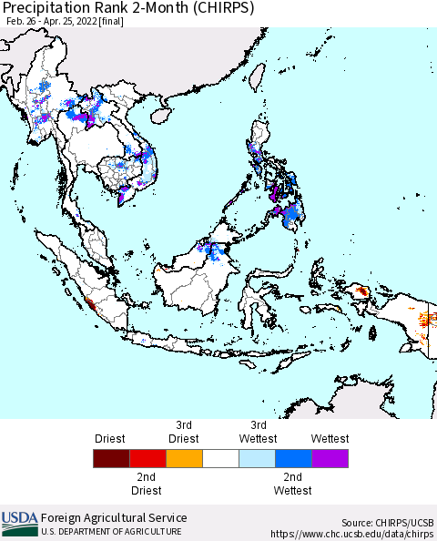 South East Asia Precipitation Rank since 1981, 2-Month (CHIRPS) Thematic Map For 2/26/2022 - 4/25/2022