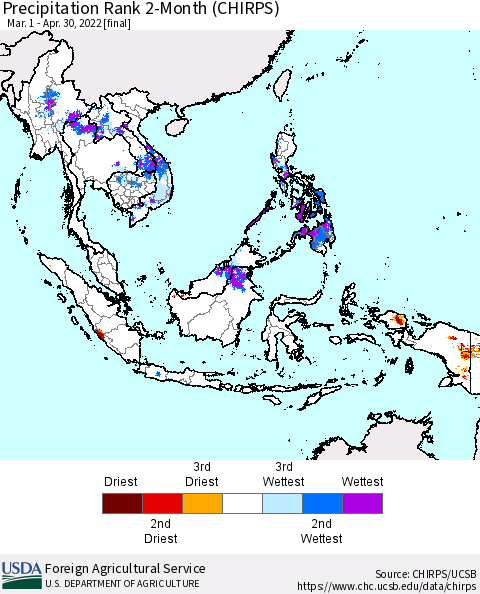 South East Asia Precipitation Rank since 1981, 2-Month (CHIRPS) Thematic Map For 3/1/2022 - 4/30/2022