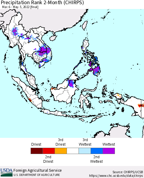 South East Asia Precipitation Rank since 1981, 2-Month (CHIRPS) Thematic Map For 3/6/2022 - 5/5/2022