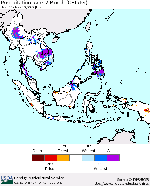 South East Asia Precipitation Rank since 1981, 2-Month (CHIRPS) Thematic Map For 3/11/2022 - 5/10/2022