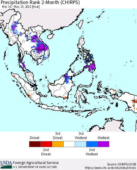South East Asia Precipitation Rank since 1981, 2-Month (CHIRPS) Thematic Map For 3/16/2022 - 5/15/2022