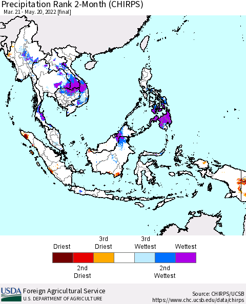 South East Asia Precipitation Rank since 1981, 2-Month (CHIRPS) Thematic Map For 3/21/2022 - 5/20/2022