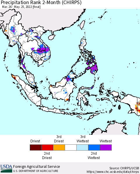 South East Asia Precipitation Rank since 1981, 2-Month (CHIRPS) Thematic Map For 3/26/2022 - 5/25/2022