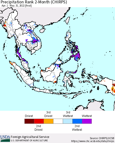South East Asia Precipitation Rank since 1981, 2-Month (CHIRPS) Thematic Map For 4/1/2022 - 5/31/2022