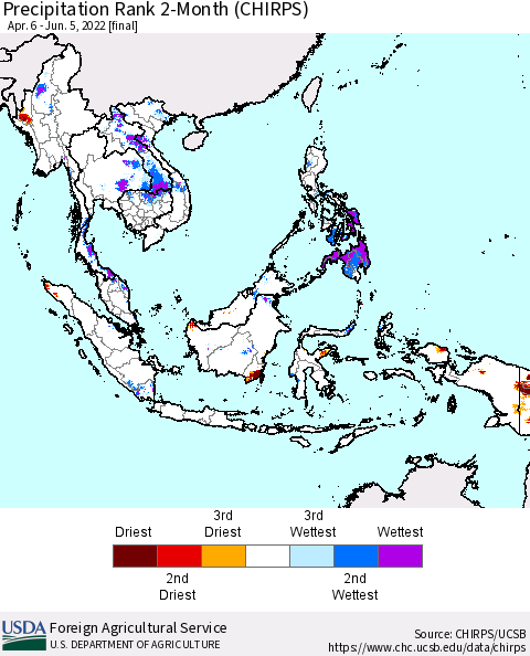 South East Asia Precipitation Rank since 1981, 2-Month (CHIRPS) Thematic Map For 4/6/2022 - 6/5/2022