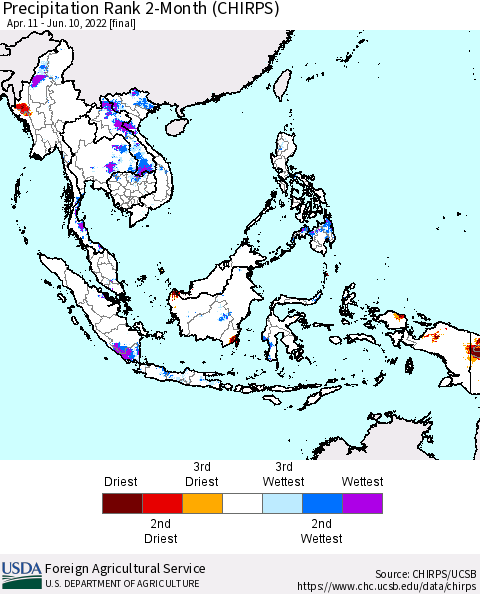South East Asia Precipitation Rank since 1981, 2-Month (CHIRPS) Thematic Map For 4/11/2022 - 6/10/2022