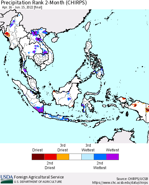 South East Asia Precipitation Rank since 1981, 2-Month (CHIRPS) Thematic Map For 4/16/2022 - 6/15/2022