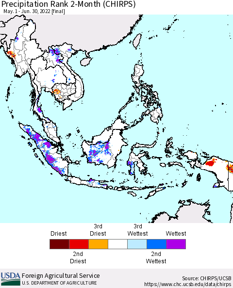 South East Asia Precipitation Rank since 1981, 2-Month (CHIRPS) Thematic Map For 5/1/2022 - 6/30/2022