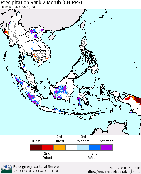 South East Asia Precipitation Rank since 1981, 2-Month (CHIRPS) Thematic Map For 5/6/2022 - 7/5/2022