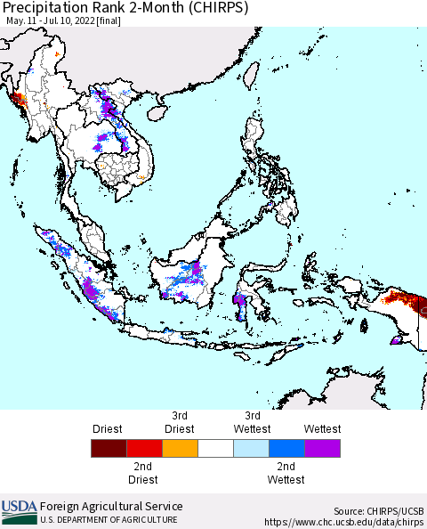 South East Asia Precipitation Rank since 1981, 2-Month (CHIRPS) Thematic Map For 5/11/2022 - 7/10/2022