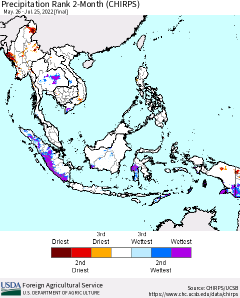 South East Asia Precipitation Rank since 1981, 2-Month (CHIRPS) Thematic Map For 5/26/2022 - 7/25/2022