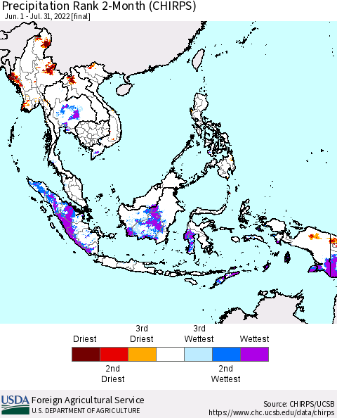 South East Asia Precipitation Rank since 1981, 2-Month (CHIRPS) Thematic Map For 6/1/2022 - 7/31/2022