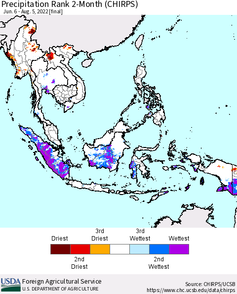 South East Asia Precipitation Rank since 1981, 2-Month (CHIRPS) Thematic Map For 6/6/2022 - 8/5/2022