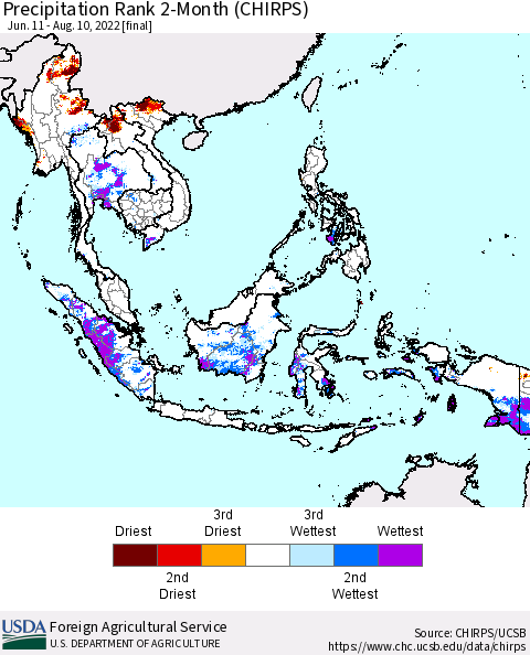South East Asia Precipitation Rank since 1981, 2-Month (CHIRPS) Thematic Map For 6/11/2022 - 8/10/2022