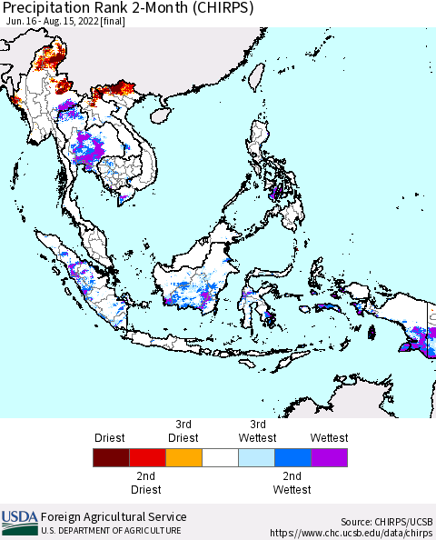 South East Asia Precipitation Rank since 1981, 2-Month (CHIRPS) Thematic Map For 6/16/2022 - 8/15/2022