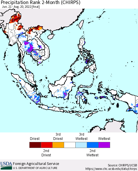 South East Asia Precipitation Rank since 1981, 2-Month (CHIRPS) Thematic Map For 6/21/2022 - 8/20/2022