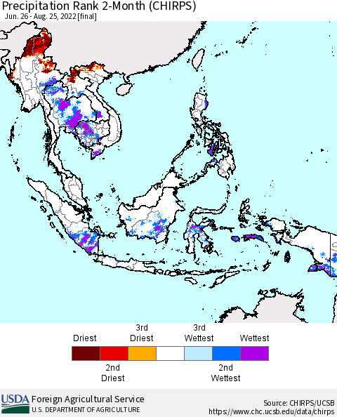 South East Asia Precipitation Rank since 1981, 2-Month (CHIRPS) Thematic Map For 6/26/2022 - 8/25/2022