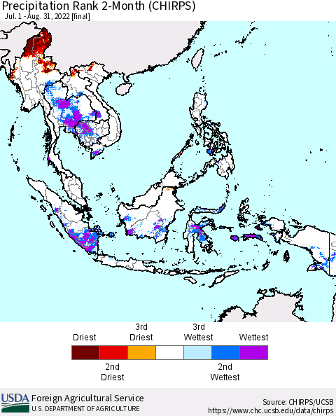 South East Asia Precipitation Rank since 1981, 2-Month (CHIRPS) Thematic Map For 7/1/2022 - 8/31/2022