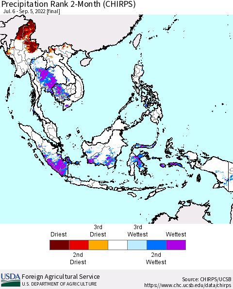 South East Asia Precipitation Rank since 1981, 2-Month (CHIRPS) Thematic Map For 7/6/2022 - 9/5/2022