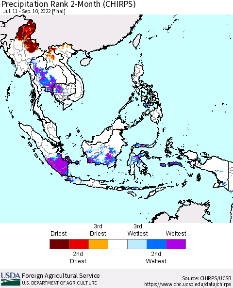 South East Asia Precipitation Rank since 1981, 2-Month (CHIRPS) Thematic Map For 7/11/2022 - 9/10/2022
