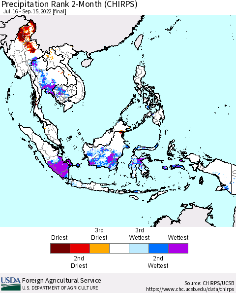 South East Asia Precipitation Rank since 1981, 2-Month (CHIRPS) Thematic Map For 7/16/2022 - 9/15/2022