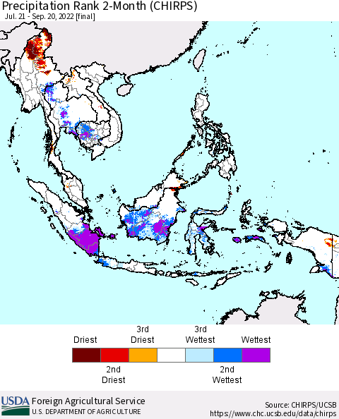 South East Asia Precipitation Rank since 1981, 2-Month (CHIRPS) Thematic Map For 7/21/2022 - 9/20/2022