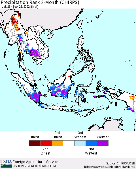 South East Asia Precipitation Rank since 1981, 2-Month (CHIRPS) Thematic Map For 7/26/2022 - 9/25/2022