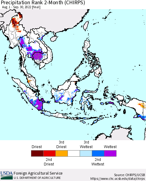 South East Asia Precipitation Rank since 1981, 2-Month (CHIRPS) Thematic Map For 8/1/2022 - 9/30/2022